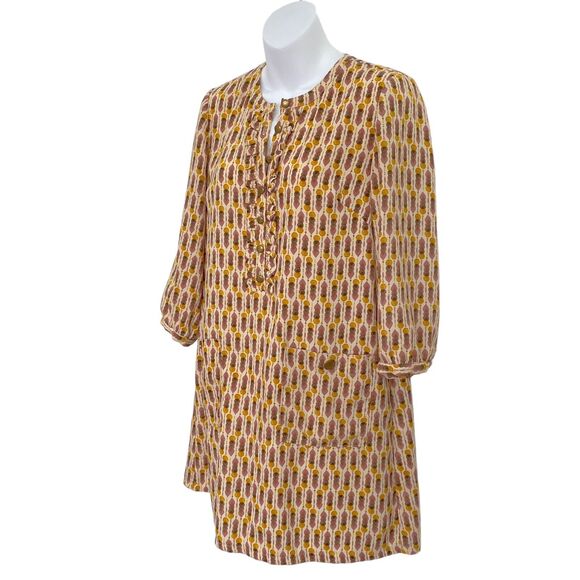 H&M Womens Dress Size 8 Short Shift Mustard Abstract 3/4 Sleeve Ruffle Pockets - Picture 1 of 14